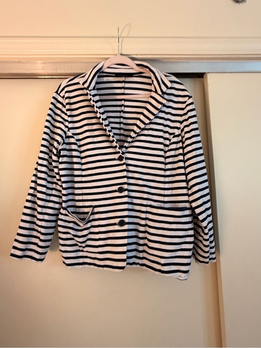 Tahari Navy and White Striped Knit Blazer